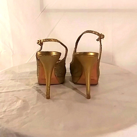 🔥🔥Jimmy Choo London Metallic Elaphe Gold Peep Toe Platform Heels - Picture 7 of 13